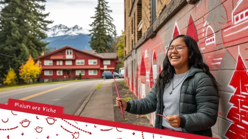 Young Woman Smiling in Front of Mural of Red Houses