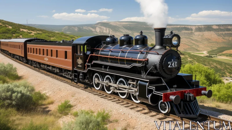 Black Steam Locomotive Pulling Passenger Train Through Mountainous Landscape AI Image
