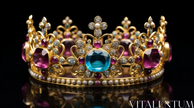 Exquisite Gold Crown with Rubies, Sapphires, Diamonds, and Pearls AI Image