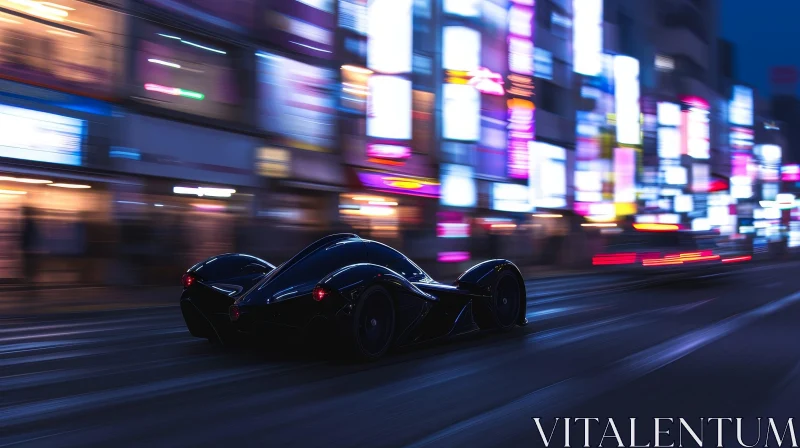 Fast Black Futuristic Sports Car in Night Cityscape AI Image
