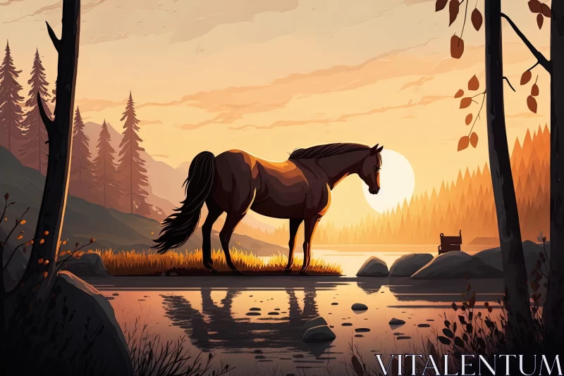 Majestic Horse Standing by Pond in Forest - Captivating Artwork AI Image
