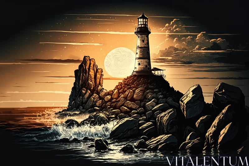 Nightmarish Lighthouse on Rocky Island: Captivating Moonlit Seascapes AI Image