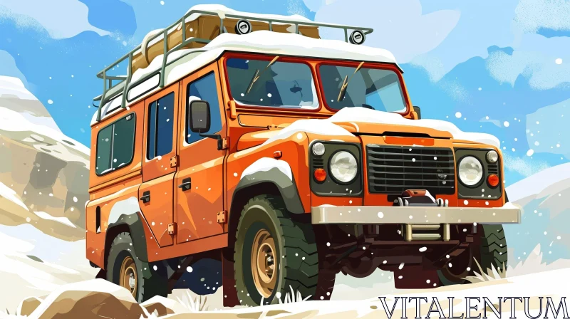 Orange Off-Road Vehicle Driving Through Snowy Mountain Landscape AI Image