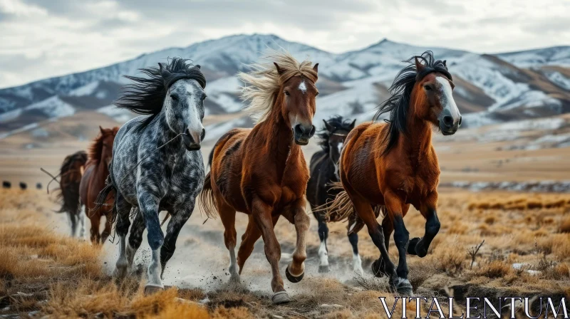 Powerful Horse Herd Running in Picturesque Field AI Image
