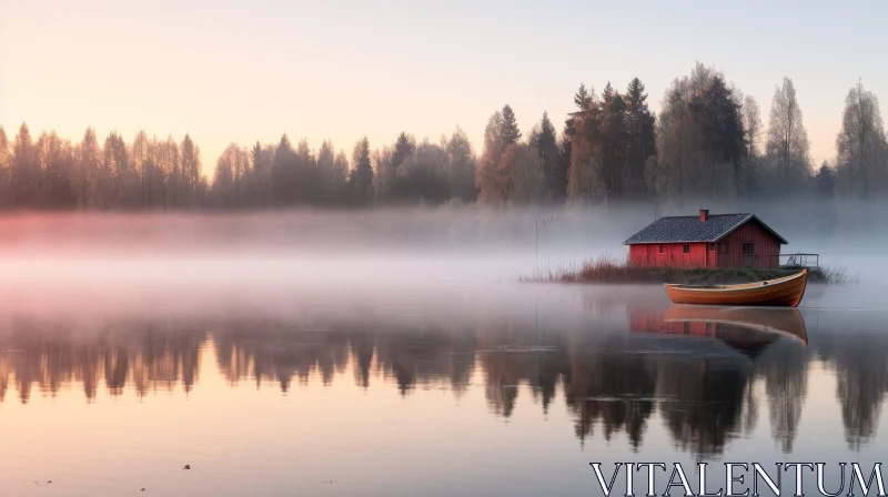 Red Cabin by Water: Tranquil Nature Scene AI Image