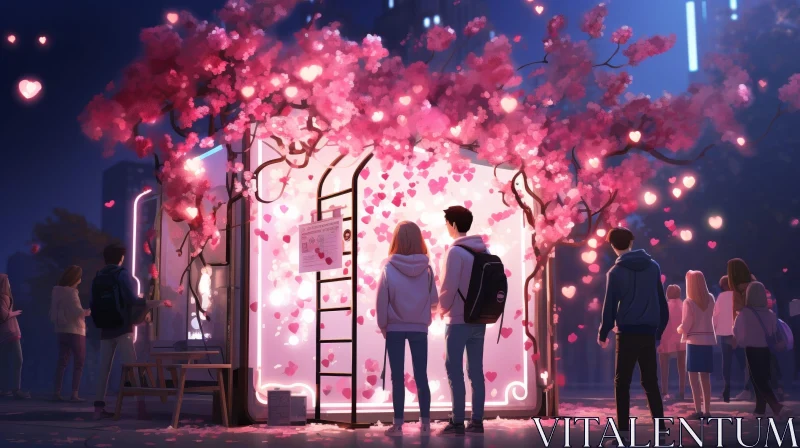 Romantic Cherry Blossom Tree at Night AI Image