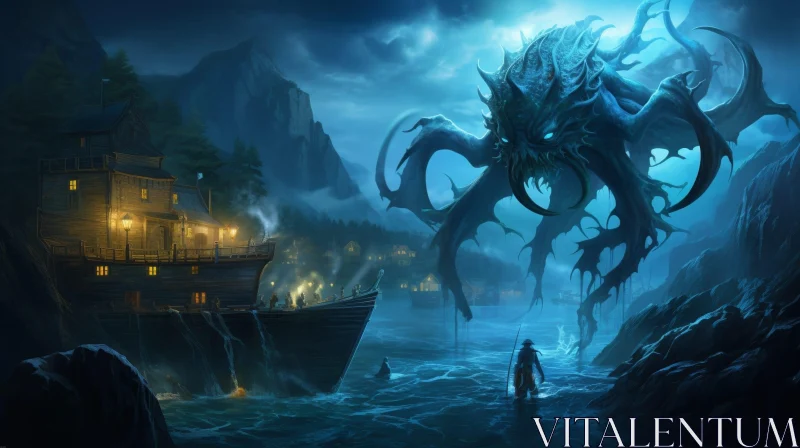 Sea Monster Attack: Dark Fantasy Village Painting AI Image