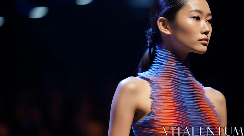 Asian Model in Futuristic Blue Orange Purple Plastic Dress AI Image