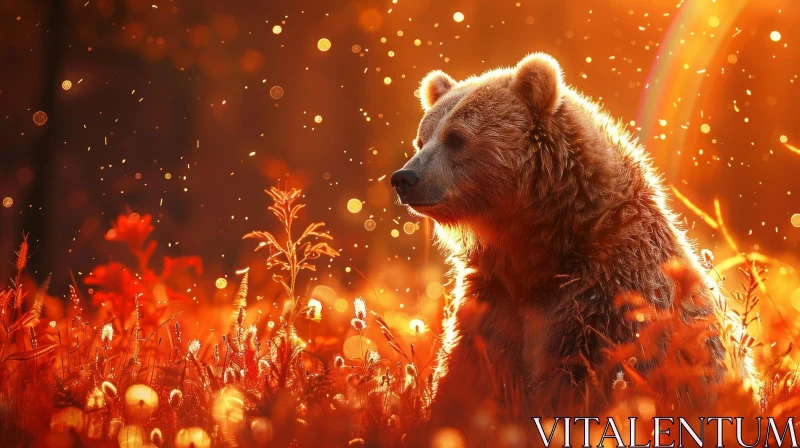 Bear in Wild Field at Sunset AI Image