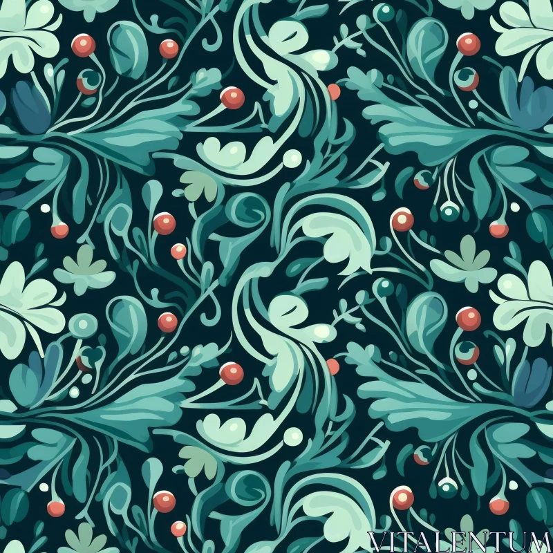 Blue and Green Leaves Pattern with Berries AI Image