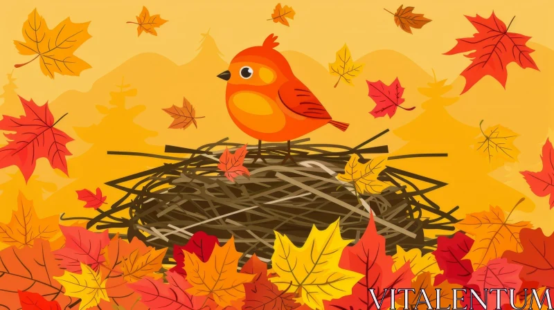 Cartoon Bird in Autumn Nest Illustration AI Image