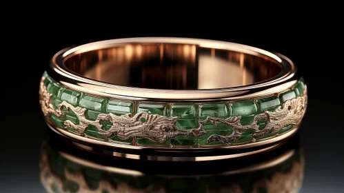 Elegant Gold Ring with Dragon Pattern and Green Enamel