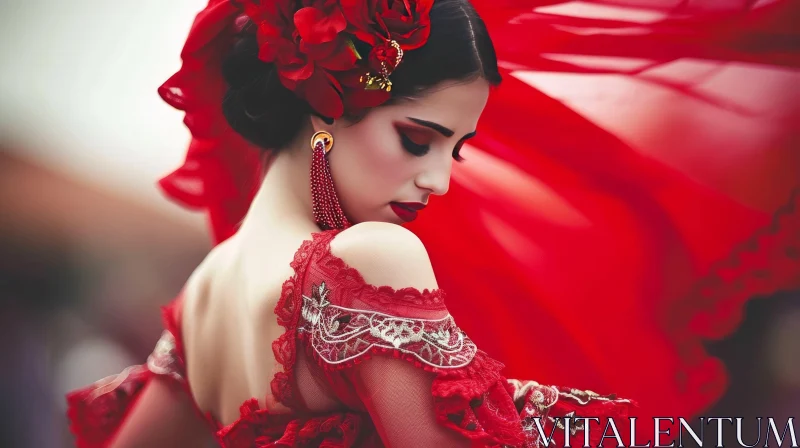 Enchanting Woman in Red Dress with Rose - Captivating Flamenco Fashion AI Image