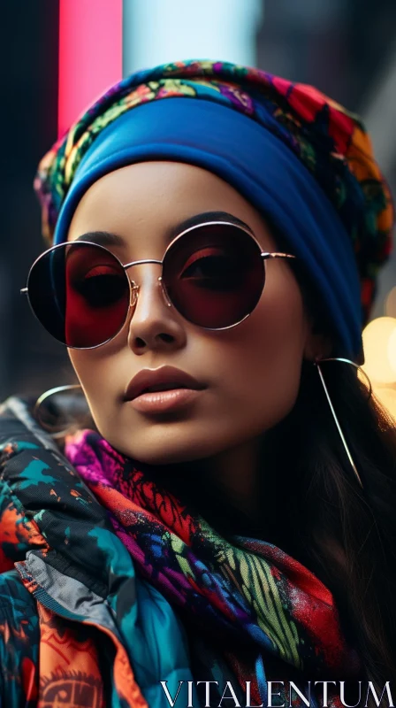 Fashion Portrait of a Young Woman in Blue Headscarf and Sunglasses AI Image