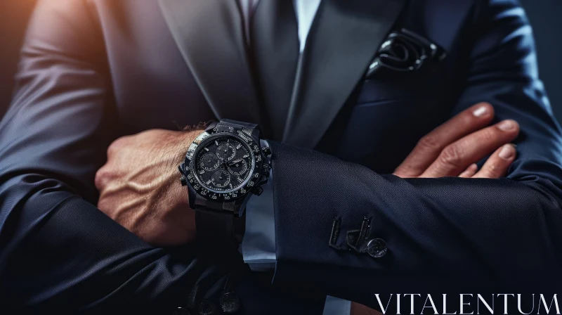 Fashionable Man with Luxury Watch - Black Suit, Close-Up Angle AI Image