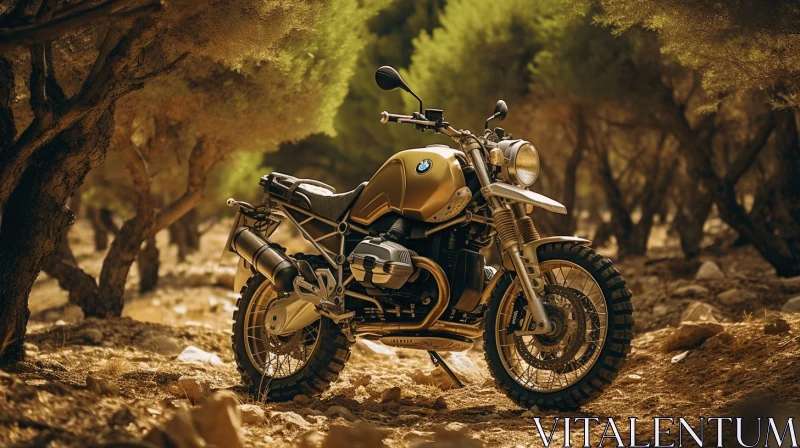 Gold Motorcycle in Natural Surroundings | Adventure-themed Art AI Image