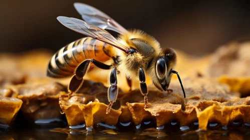 Macro Close-up: Honey Bee on Honeycomb
