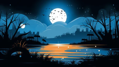 Moonlit Lake with Bats and Cityscape