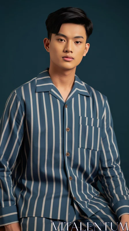 Serious Asian Man Portrait in Blue and White Striped Pajamas AI Image