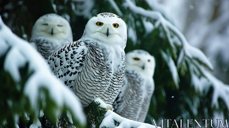 Snowy Owls Perched on Snow-Covered Branch - Wildlife Photography AI Image