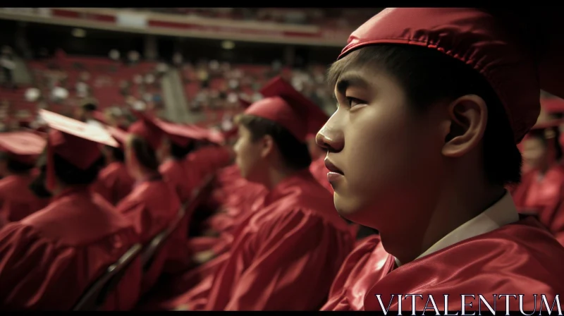 Thoughtful Asian Male High School Graduate in Red Cap and Gown at Graduation Ceremony AI Image