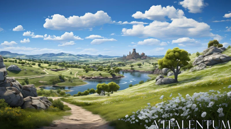 Tranquil Castle Landscape with River and Mountains AI Image