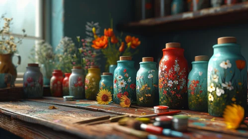 Tranquil Still Life: Wooden Table with Painted Glass Jars and Flowers