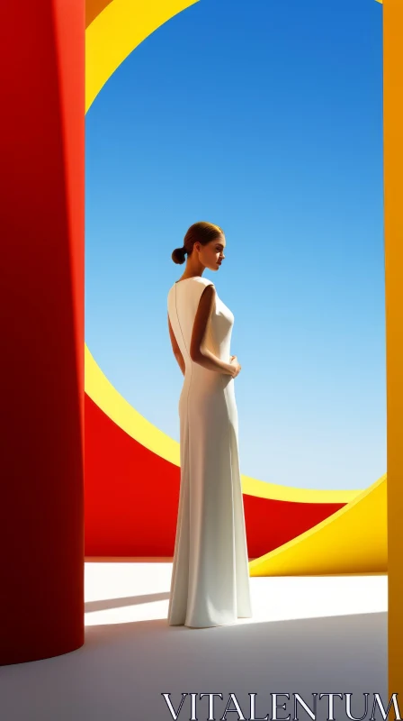 3D Rendering Woman in White Dress Colorful Room AI Image