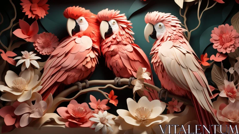 AI ART Colorful Parrots on Branch Paper Cut Artwork