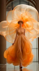 Elegant Model in Orange Dress and Hat on Marble Floor