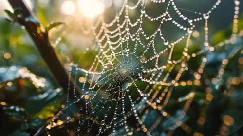Enchanting Spider Web with Dew Drops and Sunlight