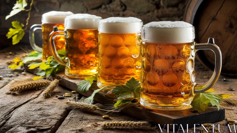 Four Glasses of Beer on a Wooden Table - A Captivating Image AI Image
