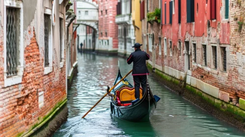 Gondolier steering a gondola in Venice's narrow canal