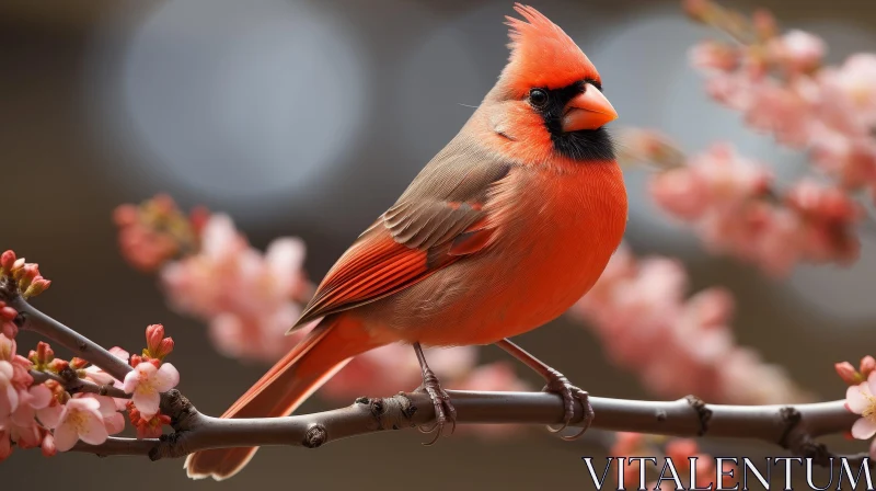 Northern Cardinal Bird on Branch with Pink Flowers AI Image