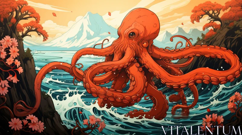 Orange Octopus in Nature - Digital Painting AI Image
