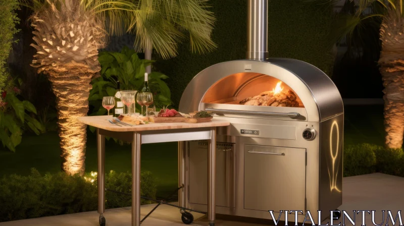 Outdoor Pizza Oven in Garden with Wine and Snacks AI Image