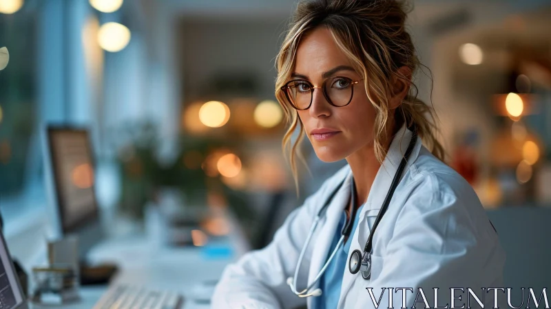 Professional Female Doctor in White Coat at Hospital Desk AI Image