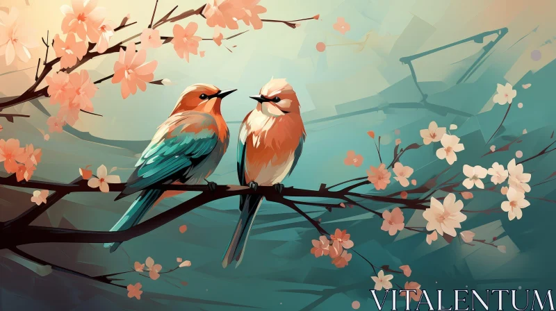 Tranquil Bird Painting on Branch with Flowers AI Image