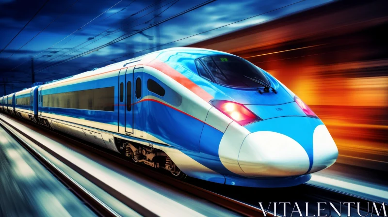 Blue and White High-Speed Train in Motion AI Image