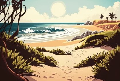 Captivating Beach and Sea Illustration in Retro Style | Hyper-Detailed Art