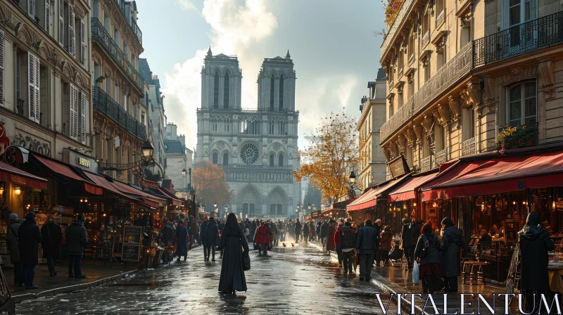 Captivating Street Scene in Paris with Notre Dame Cathedral AI Image