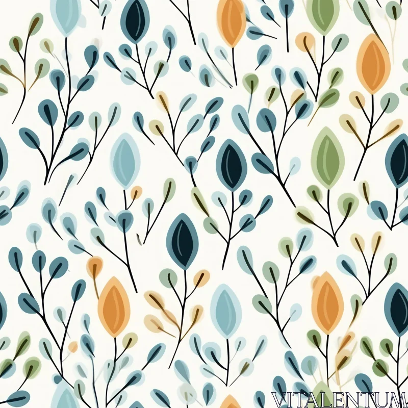 Ethereal Floral Pattern - Blue, Green, Orange Leaves AI Image