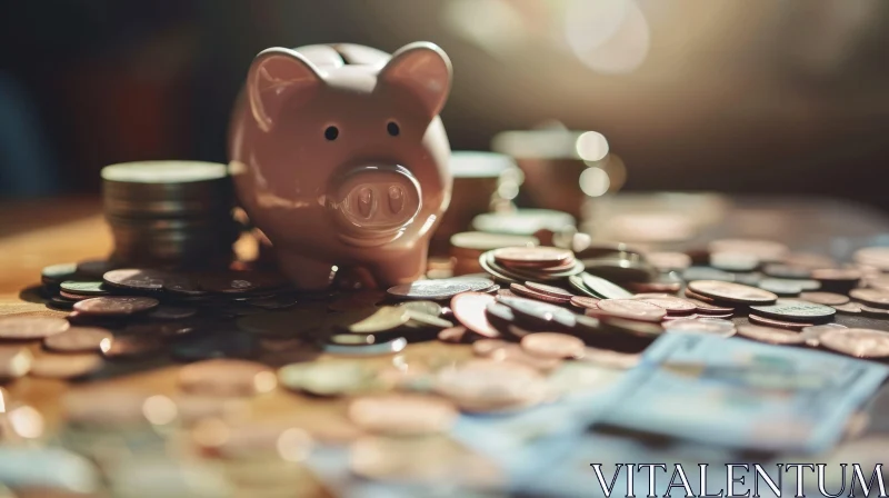 Pink Piggy Bank on a Pile of Coins - Ceramic Money Savings AI Image