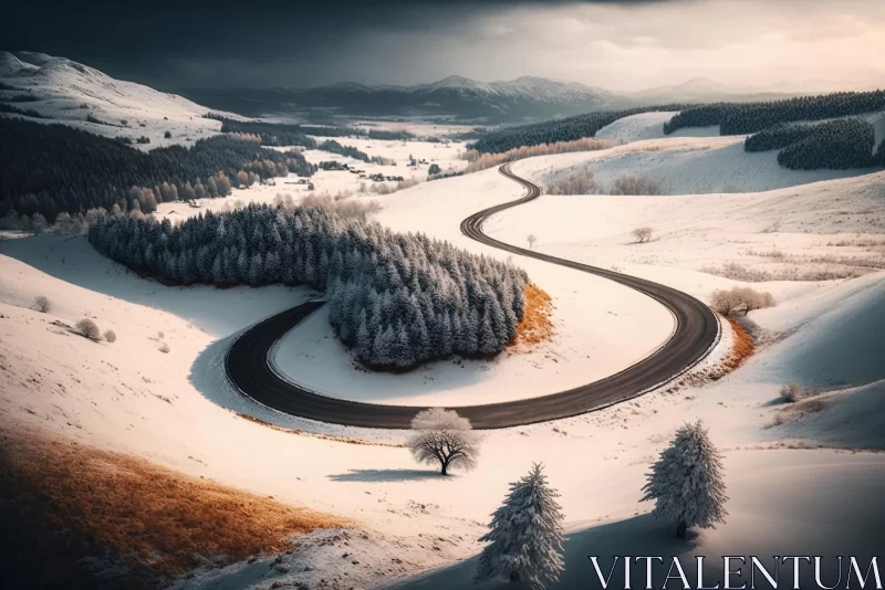 Scenic Winter Road in Snowy Landscape - Nature Photography AI Image