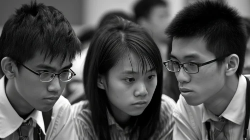 Serious Asian Students in School Uniforms | Black and White Photo