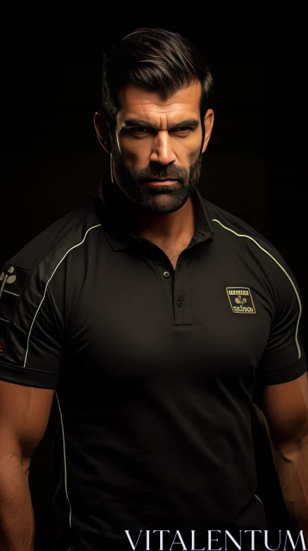 Serious Man Portrait in Black Shirt AI Image