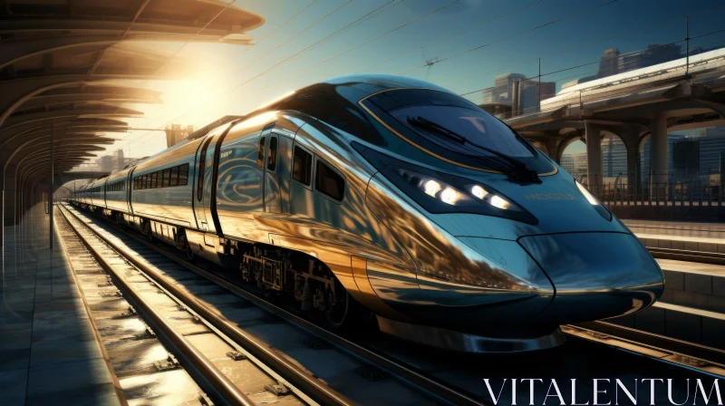 Sleek High-Speed Train in Futuristic Cityscape AI Image