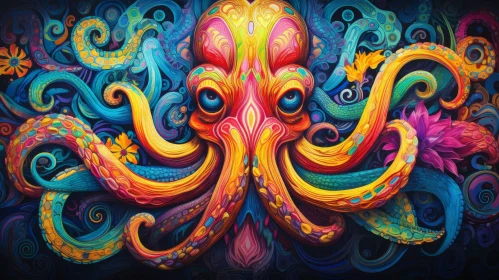 Surreal Digital Painting of an Octopus in Psychedelic Underwater Scene
