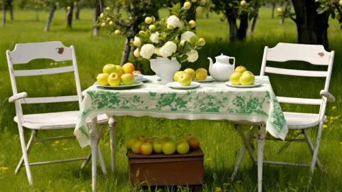 Tea Time in Apple Orchard: Serene Table Setting