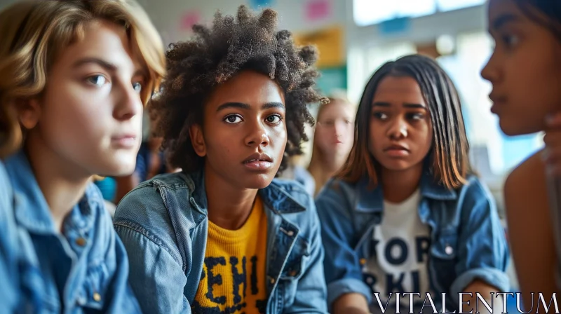 Thoughtful Teenage Girls in Casual Outfits during Group Therapy Session AI Image